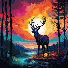 夕暮れと鹿 | Generative AI
