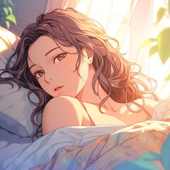 ベッドからこちらを見る寝起きの女の子 | Generative AI
