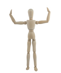 a wooden mannequin posing