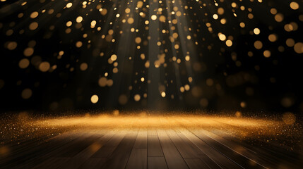  empty room at night mockup with copy space for award ceremony, jubilee, New Year's party or product presentations, golden cofetti - obrazy, fototapety, plakaty