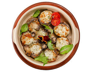 Champignon mushrooms baked with cheese. Isolated dish for menu.