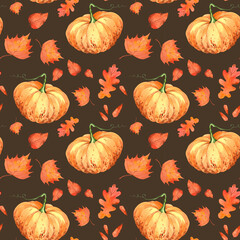 Pumpkin pattern. Watercolor illustration, drawing for fabric.