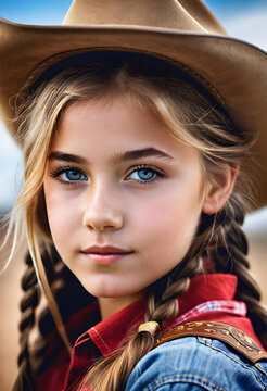 portrait of a beautiful teen cowgirl , close up , illustration. generative ai