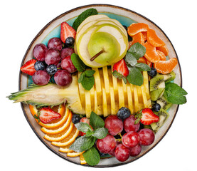 Fruit plate, assorted fresh tropical fruits. Isolated dish for menu.