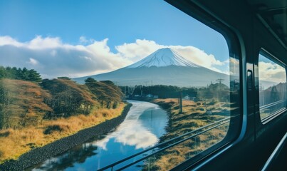 A scenic landscape with a mountain and river viewed from a moving train