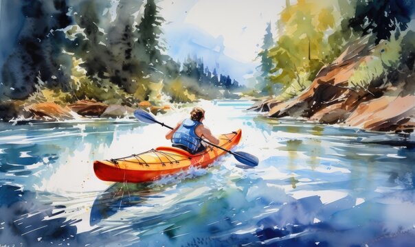 A person kayaking on a serene river