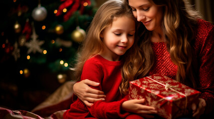 Fototapeta na wymiar Mother and daughter give a Christmas gift. Generative AI,