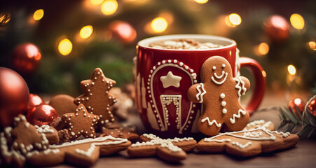 Hot winter drink. Chocolate with whipped cream in red cup Gingerbread man on bokeh background with xmas tree. Christmas time. Cozy home atmosphere. Homemade gingerbread cookies, Christmas lights. 