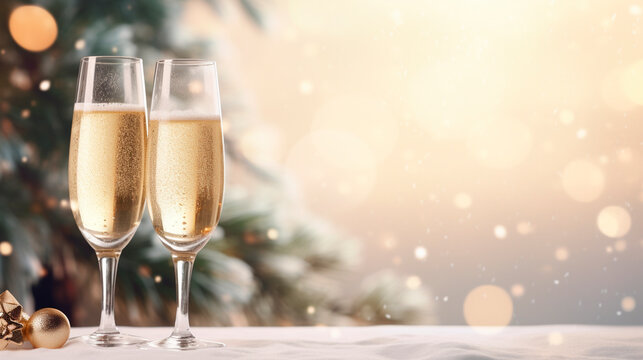 Glass of champagne on a Christmas background. Generative AI,