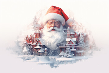 double exposure cartoon of santa claus and the beautiful christmas decorative village.