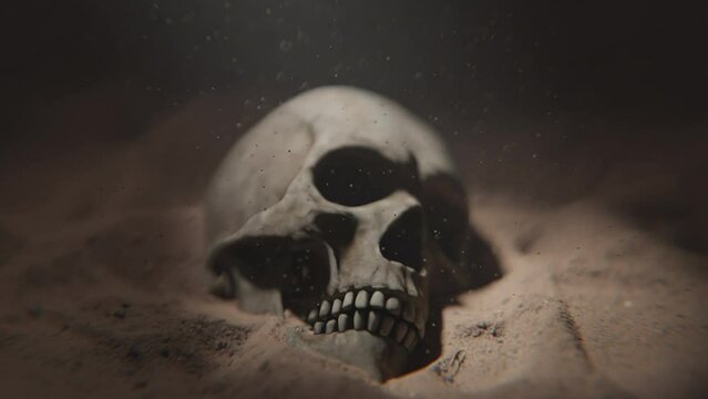 A skull in sand underwater with light coming from the surface