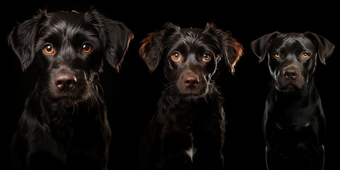Dogs collection bundle on isolated black background. Dogs portrait, sitting, standing. Banner with animals. Generative AI.