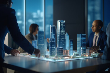 3d render model of small skyscraper building on table in real estate agency people talk and point about it around table. - obrazy, fototapety, plakaty
