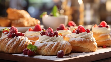 Elegant pastries beckon from a hotel buffet, celebrating a sweet start to the morning