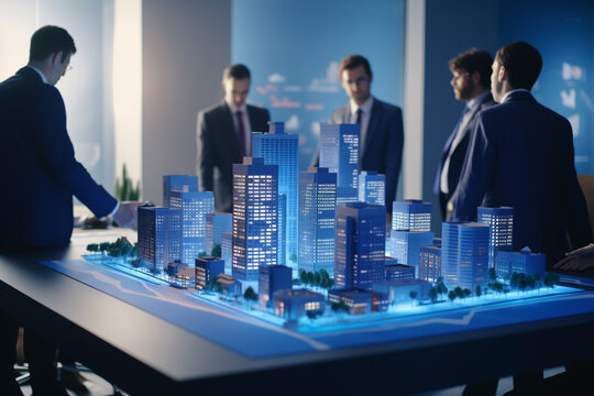 3d render model of small skyscraper building on table in real estate agency people talk and point about it around table.