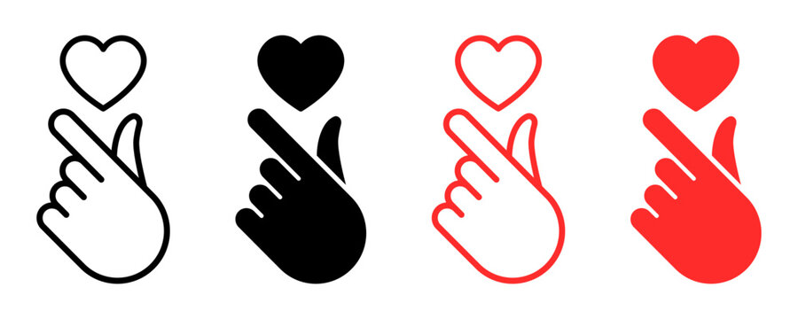 Set of Korean love vector symbols. Finger gesture with love. Black and red heart signs. Vector 10 Eps.
