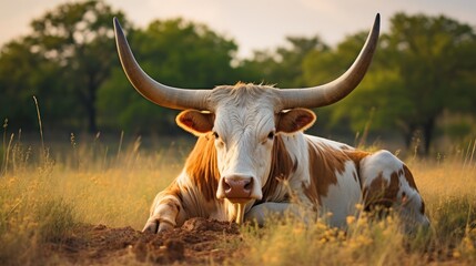 A serene moment captures a Texas Longhorn cow, its majestic horns on display, resting peacefully on the farm - obrazy, fototapety, plakaty