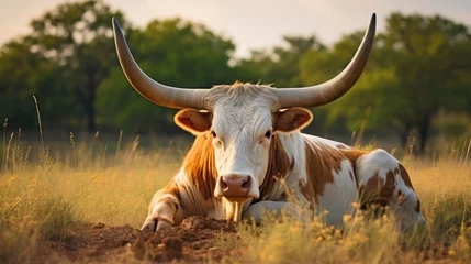 Foto op Plexiglas A serene moment captures a Texas Longhorn cow, its majestic horns on display, resting peacefully on the farm © Putra