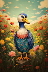 Fototapeta premium Quacky's Garden: A Tale of a Duck Amidst Yellow and Red Flowers