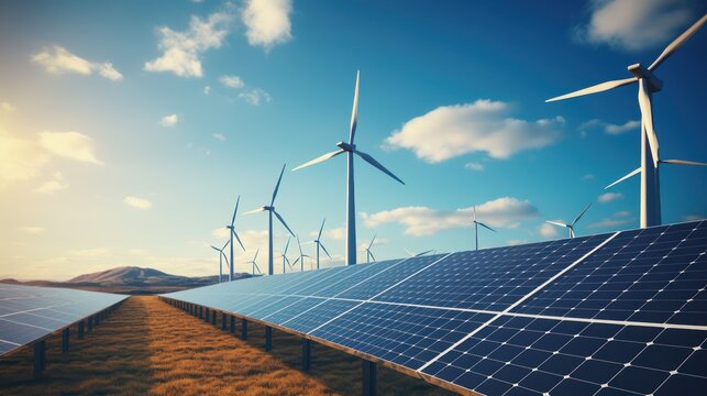 Wind turbines and solar panels stand tall