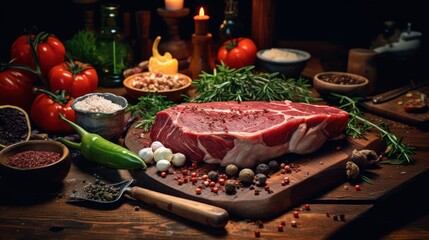 An enticing spread of raw meat, accompanied by fresh vegetables and a sprinkle of spices, awaits culinary magic on a wooden table