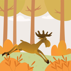 Deer in cartoon hstyle. Background with Beautiful stylized cartoon animals in autumn forest. Vector illustration.