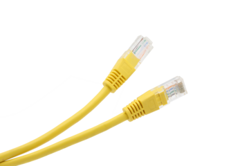 Yellow network cables with molded RJ45 plug on transparent background (PNG File)