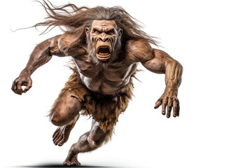Photo of a prehistoric Neanderthal running with flowing hair created with Generative AI technology