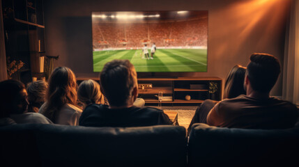 A group gathers, eyes glued to the TV, as they passionately watch a football match - obrazy, fototapety, plakaty