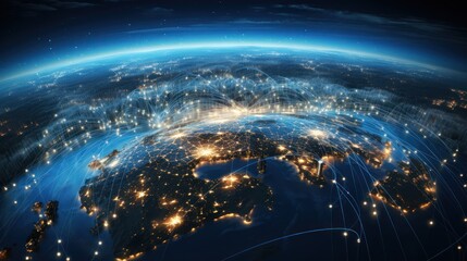 Above a rotating globe, satellites beam interconnected signals, representing the expansive reach of satellite internet