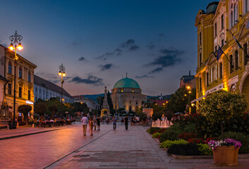 PECS, HUNGARY - 17 AUGUST 2022: Main square - Szechenyi - at evening in Pecs, European Capital of Culture.