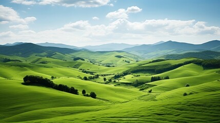 Vast fields of green undulate under the breeze, epitomizing the beauty of rolling countryside and meadows