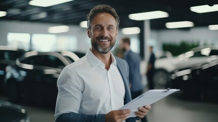 A happy male car dealer is standing in showroom