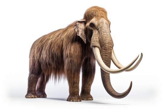 Photo of a realistic depiction of a prehistoric woolly mammoth on a clean white backdrop created with Generative AI technology