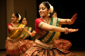 Fototapeta premium Bharatanatyam Indian dance. Traditional female Indian dancer in colorful dress. Generate ai