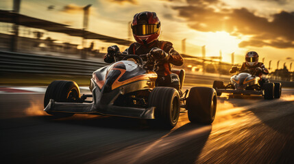 Speeding go karts race against time, capturing the thrill and excitement as the sun sets in the background - obrazy, fototapety, plakaty