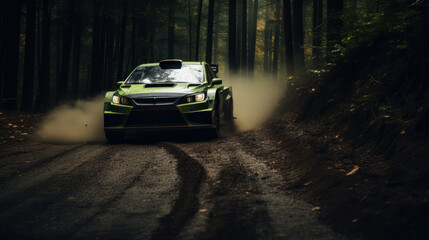 Obraz na płótnie Canvas Cars speed through dense forests, capturing the essence of rally racing in forested terrains