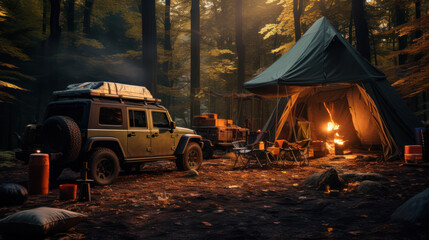 Tents are pitched beside off-road vehicles, celebrating the blend of nature and adventure in forest camping
