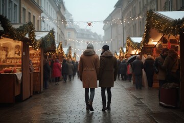 Couple on Europe Christmas fair market. People walking on winter holiday street decorated with lights. Generate ai