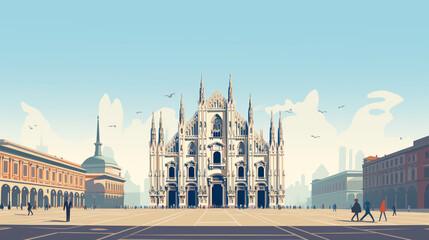 Fototapeta premium Flat 2D illustration, copy space, flat 2D vector illustration, hand drawn, view of The duomo in Milan, Italy. Famous touristic spot. Must-see spot. Beautiful medieval architecture