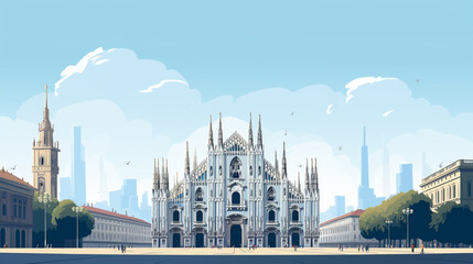 Flat 2D illustration, copy space, flat 2D vector illustration, hand drawn, view of The duomo in Milan, Italy. Famous touristic spot. Must-see spot. Beautiful medieval architecture