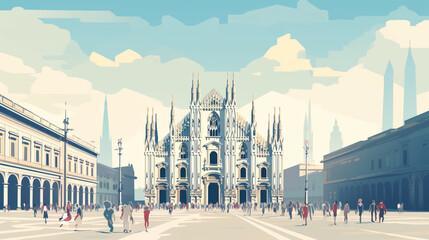 Obraz premium Flat 2D illustration, copy space, flat 2D vector illustration, hand drawn, view of The duomo in Milan, Italy. Famous touristic spot. Must-see spot. Beautiful medieval architecture
