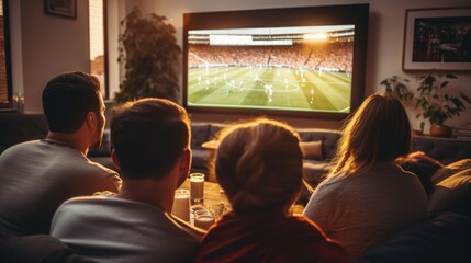 A group gathers, eyes glued to the TV, as they passionately watch a football match - obrazy, fototapety, plakaty