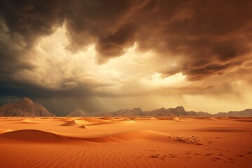 Fototapeta na wymiar Desert sandstorm landscape with dramatic sky and dunes. Generative AI