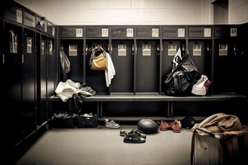 Empty sport locker room. Clothing and shoes in dressing gym room. Generate ai - Powered by Adobe