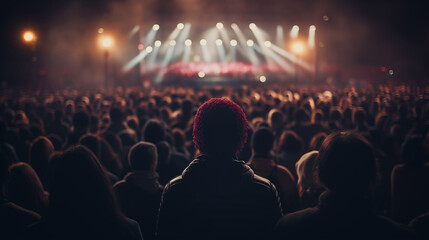 Frame the concert crowd in a wide shot, emphasizing the scale of the event, with the stage as a focal point, rock concert, blurred background, with copy space