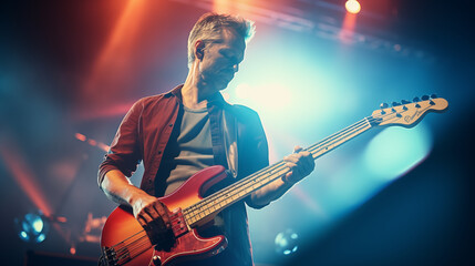 Capture the bassist during a dynamic solo, with fingers flying over the strings, rock concert, blurred background, with copy space