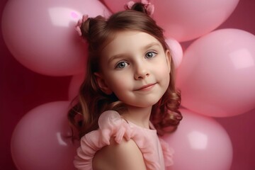 Fototapeta na wymiar Smiling girl at birthday pink party. Adorable little girl posing on rose balloons wall. Generate ai