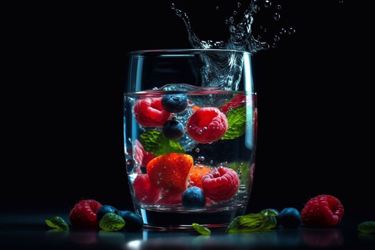Refreshing detox drink with berries and mint leaves. Artistic interpretation. Generative AI.