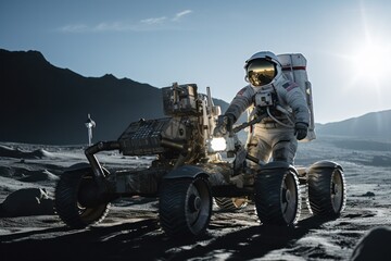 Portrait of astronauts on the moon taking samples and collecting data - Powered by Adobe